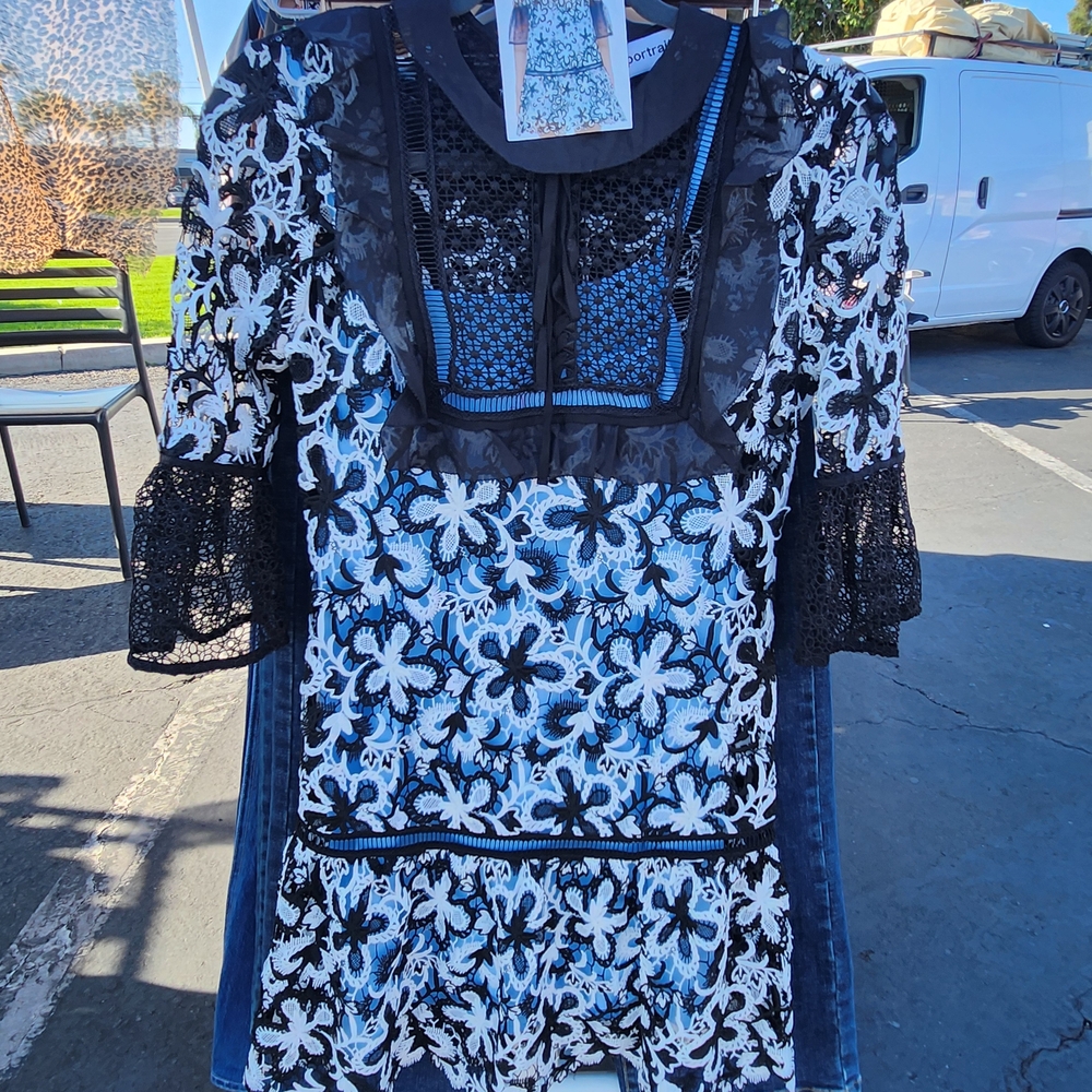 Elegant Black and White Floral Lace Midi Dress
